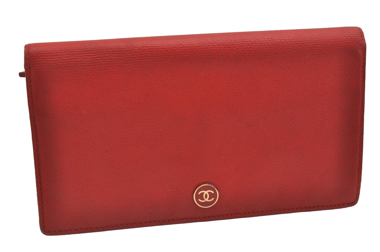 Authentic CHANEL Caviar Skin CoCo Button Long Bifold Wallet Purse Red 2606I