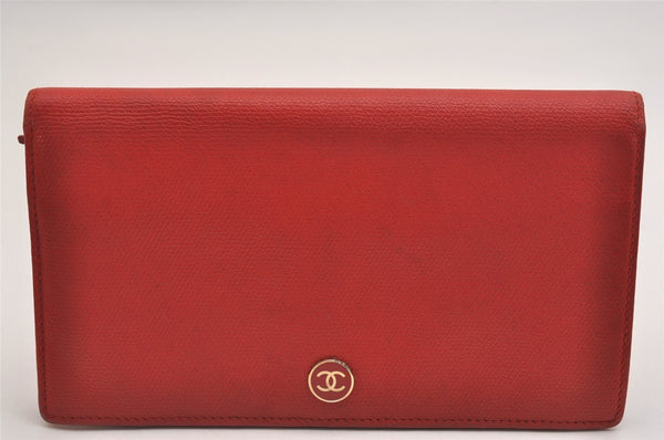 Authentic CHANEL Caviar Skin CoCo Button Long Bifold Wallet Purse Red 2606I