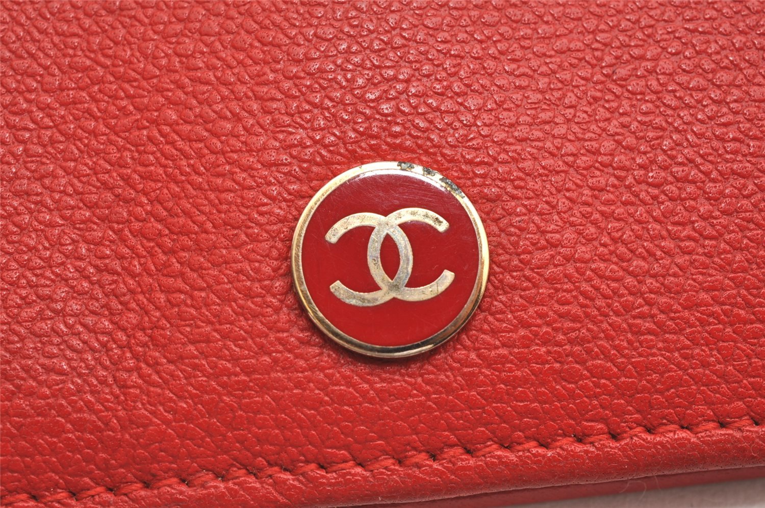 Authentic CHANEL Caviar Skin CoCo Button Long Bifold Wallet Purse Red 2606I