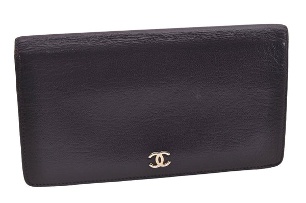 Authentic CHANEL Calf Skin CoCo Mark Long Bifold Wallet Purse Purple 2607I