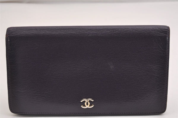 Authentic CHANEL Calf Skin CoCo Mark Long Bifold Wallet Purse Purple 2607I