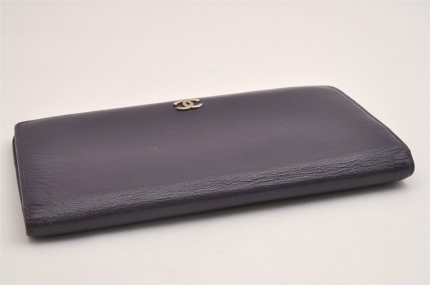 Authentic CHANEL Calf Skin CoCo Mark Long Bifold Wallet Purse Purple 2607I