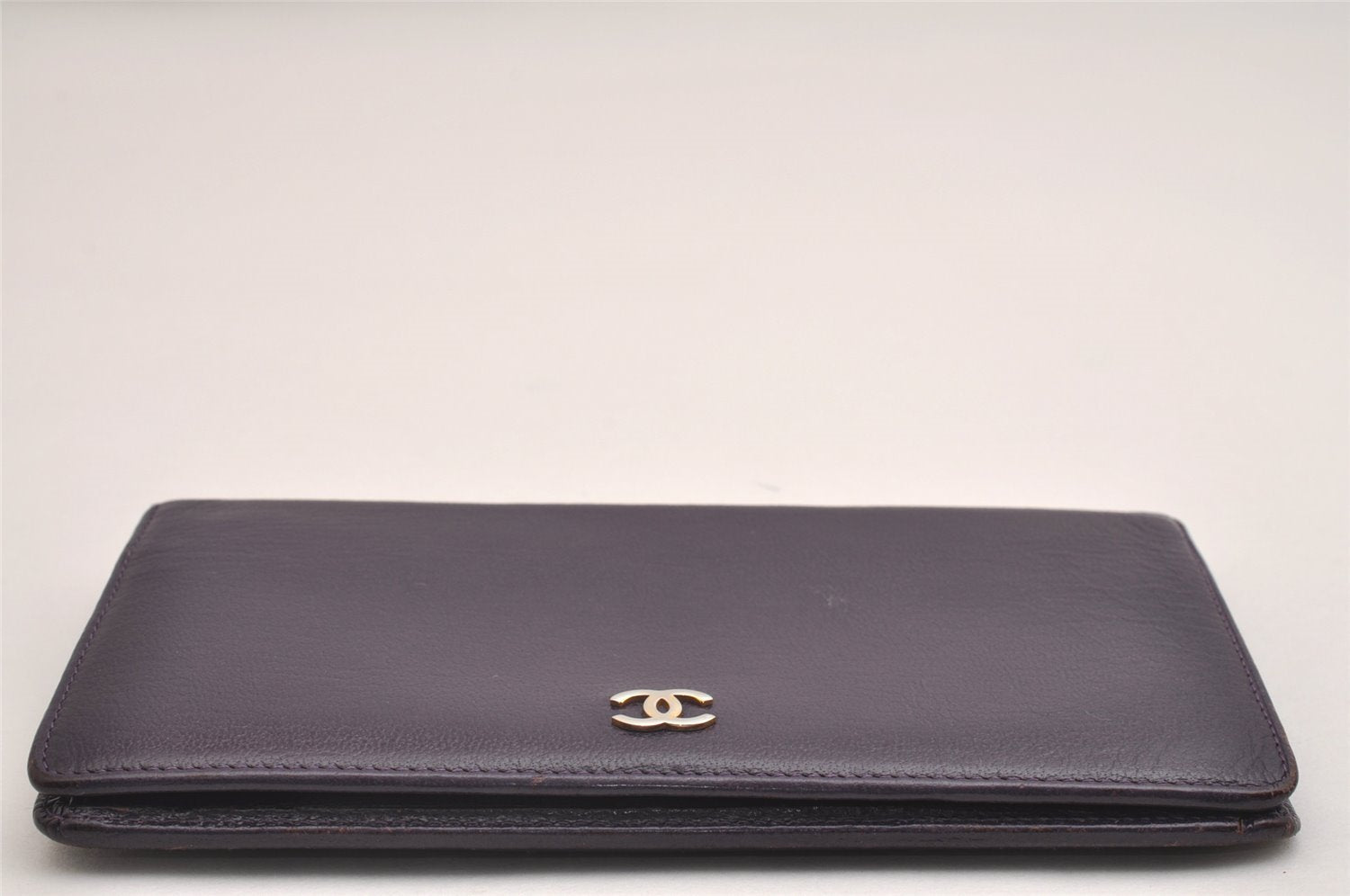 Authentic CHANEL Calf Skin CoCo Mark Long Bifold Wallet Purse Purple 2607I