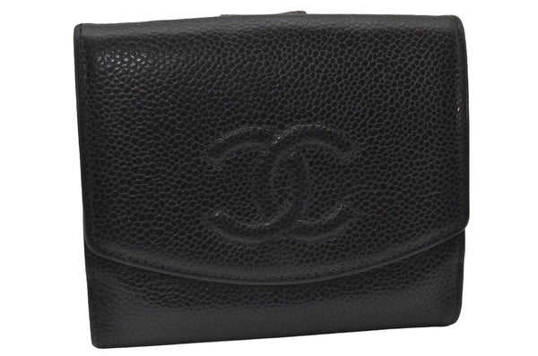 Authentic CHANEL Vintage Caviar Skin CoCo Mark Bifold Wallet Purse Black 2608I