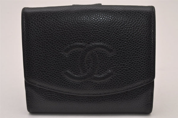 Authentic CHANEL Vintage Caviar Skin CoCo Mark Bifold Wallet Purse Black 2608I