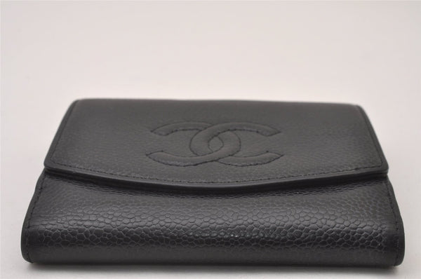 Authentic CHANEL Vintage Caviar Skin CoCo Mark Bifold Wallet Purse Black 2608I