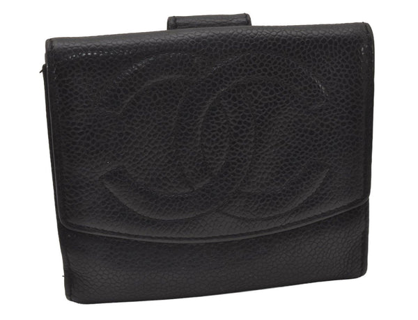 Authentic CHANEL Vintage Caviar Skin CoCo Mark Bifold Wallet Purse Black 2609I