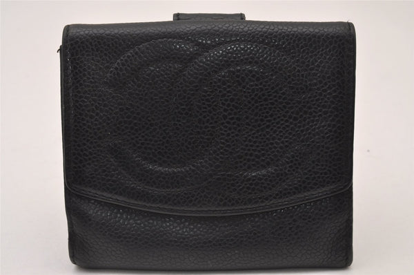 Authentic CHANEL Vintage Caviar Skin CoCo Mark Bifold Wallet Purse Black 2609I