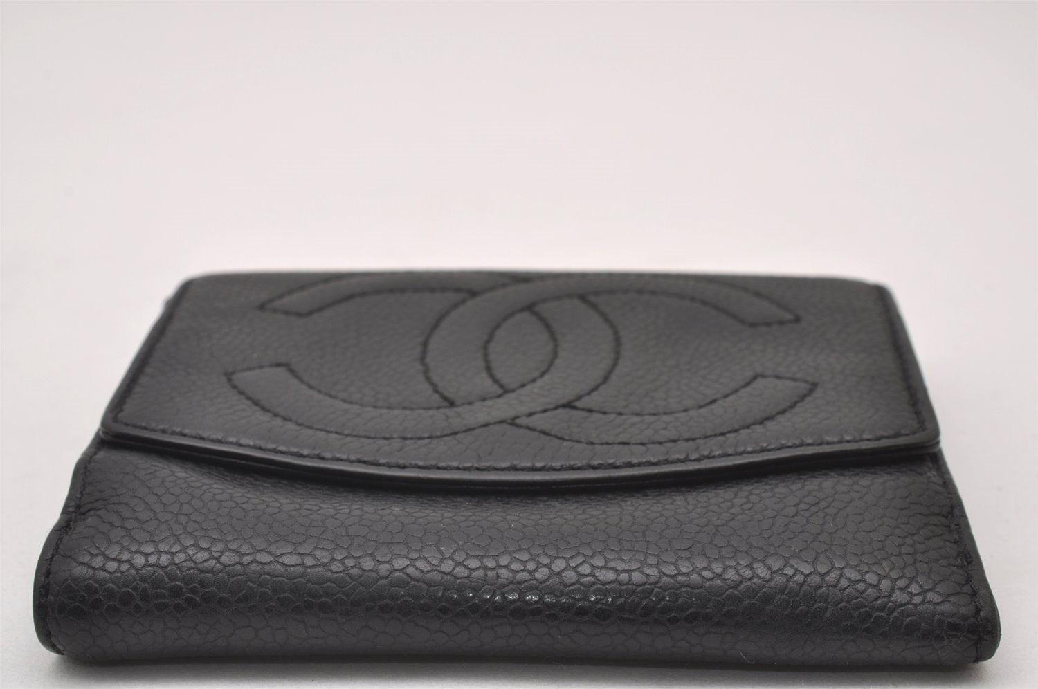Authentic CHANEL Vintage Caviar Skin CoCo Mark Bifold Wallet Purse Black 2609I