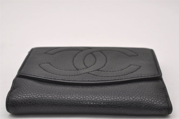 Authentic CHANEL Vintage Caviar Skin CoCo Mark Bifold Wallet Purse Black 2609I