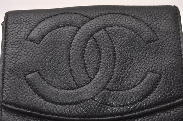 Authentic CHANEL Vintage Caviar Skin CoCo Mark Bifold Wallet Purse Black 2609I