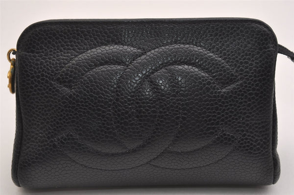 Authentic CHANEL Caviar Skin CC Logo Cosmetic Pouch Purse Black Junk 2610I