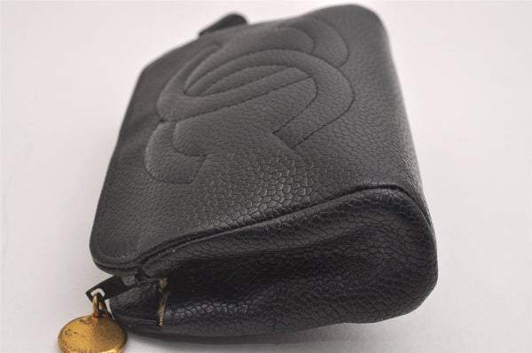 Authentic CHANEL Caviar Skin CC Logo Cosmetic Pouch Purse Black Junk 2610I