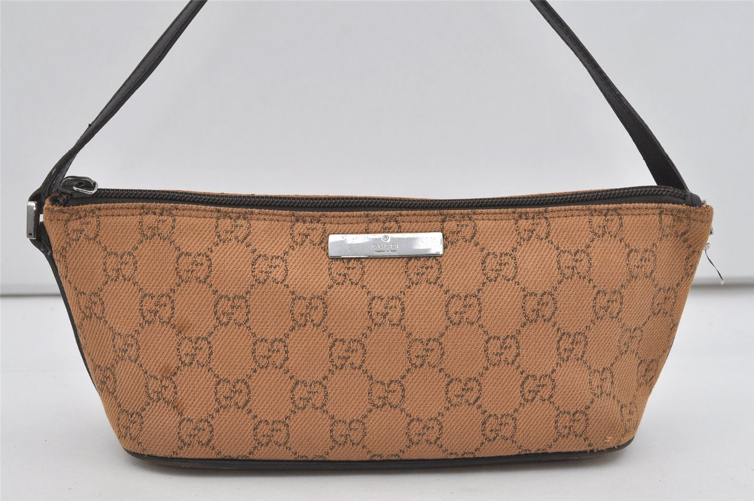 Authentic GUCCI Vintage Hand Bag Pouch Purse GG Canvas Leather 07198 Brown 2611I