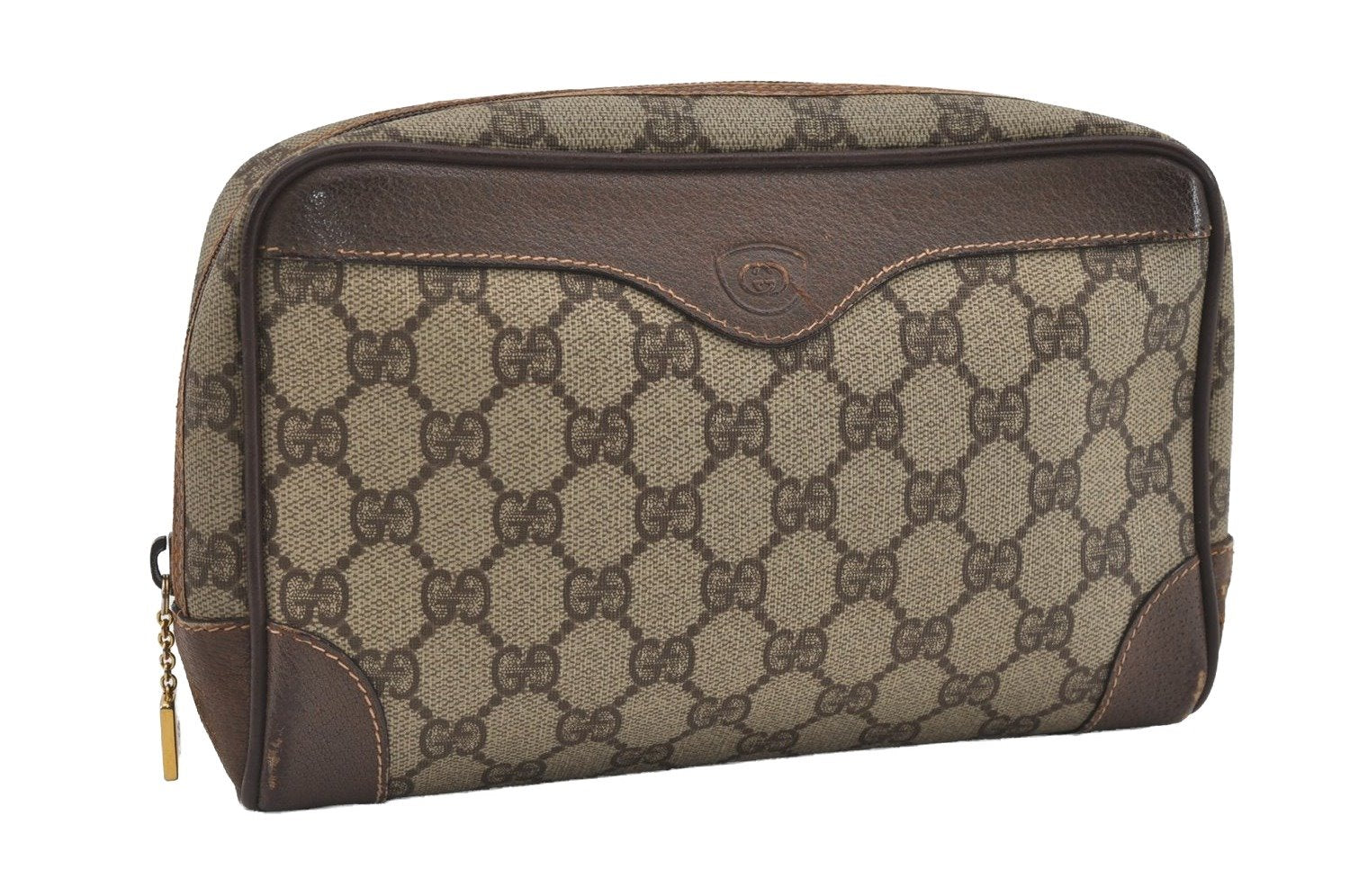 Authentic GUCCI Vintage Clutch Hand Bag Purse GG PVC Leather Brown 2612I