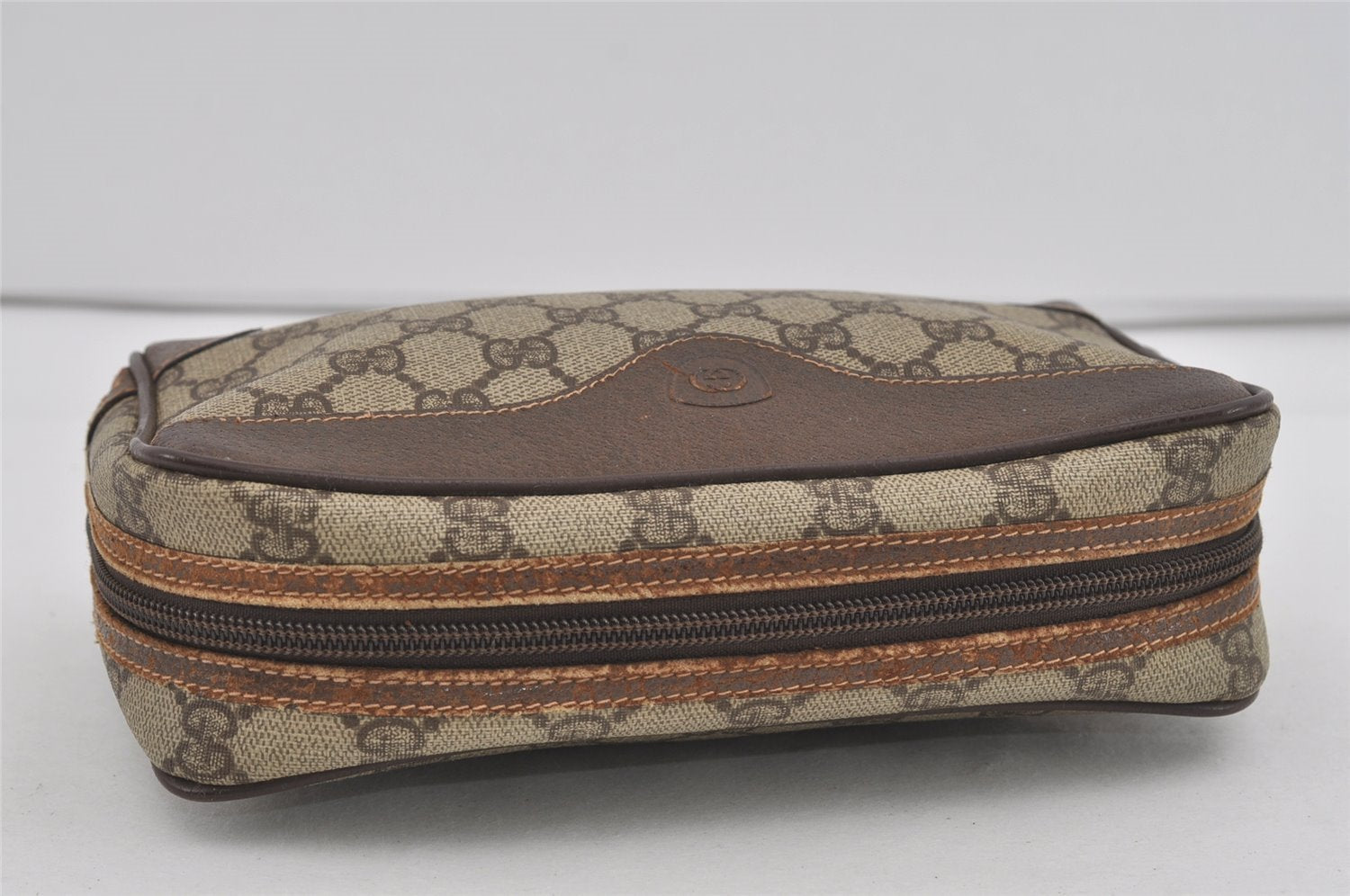 Authentic GUCCI Vintage Clutch Hand Bag Purse GG PVC Leather Brown 2612I