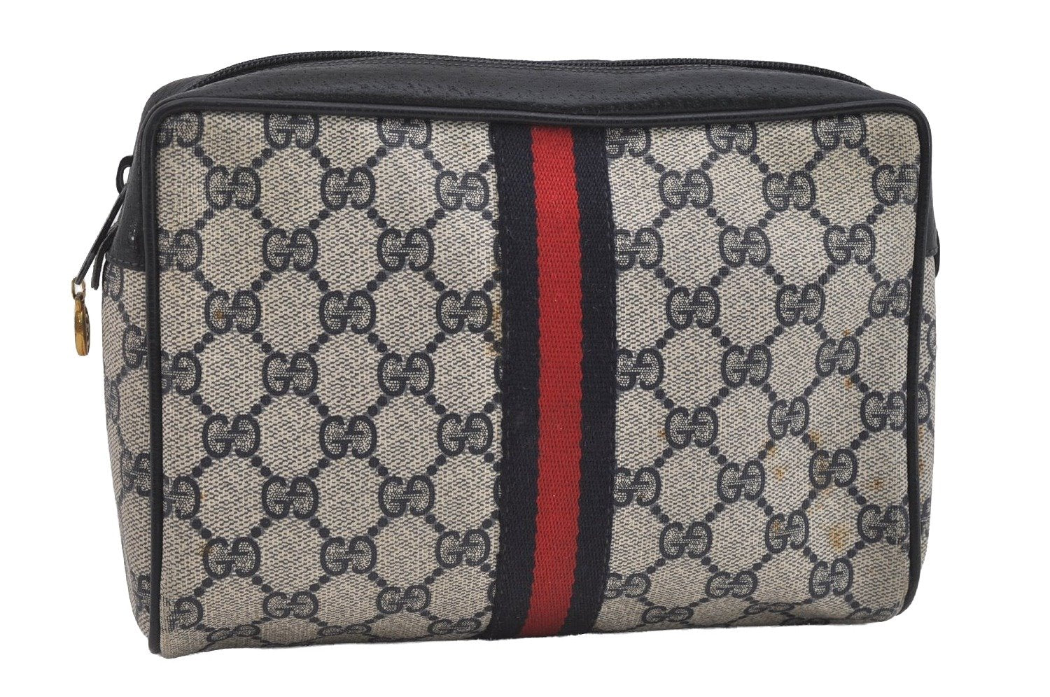 Authentic GUCCI Sherry Line Clutch Hand Bag Purse GG PVC Leather Navy Blue 2613I