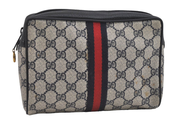 Authentic GUCCI Sherry Line Clutch Hand Bag Purse GG PVC Leather Navy Blue 2613I