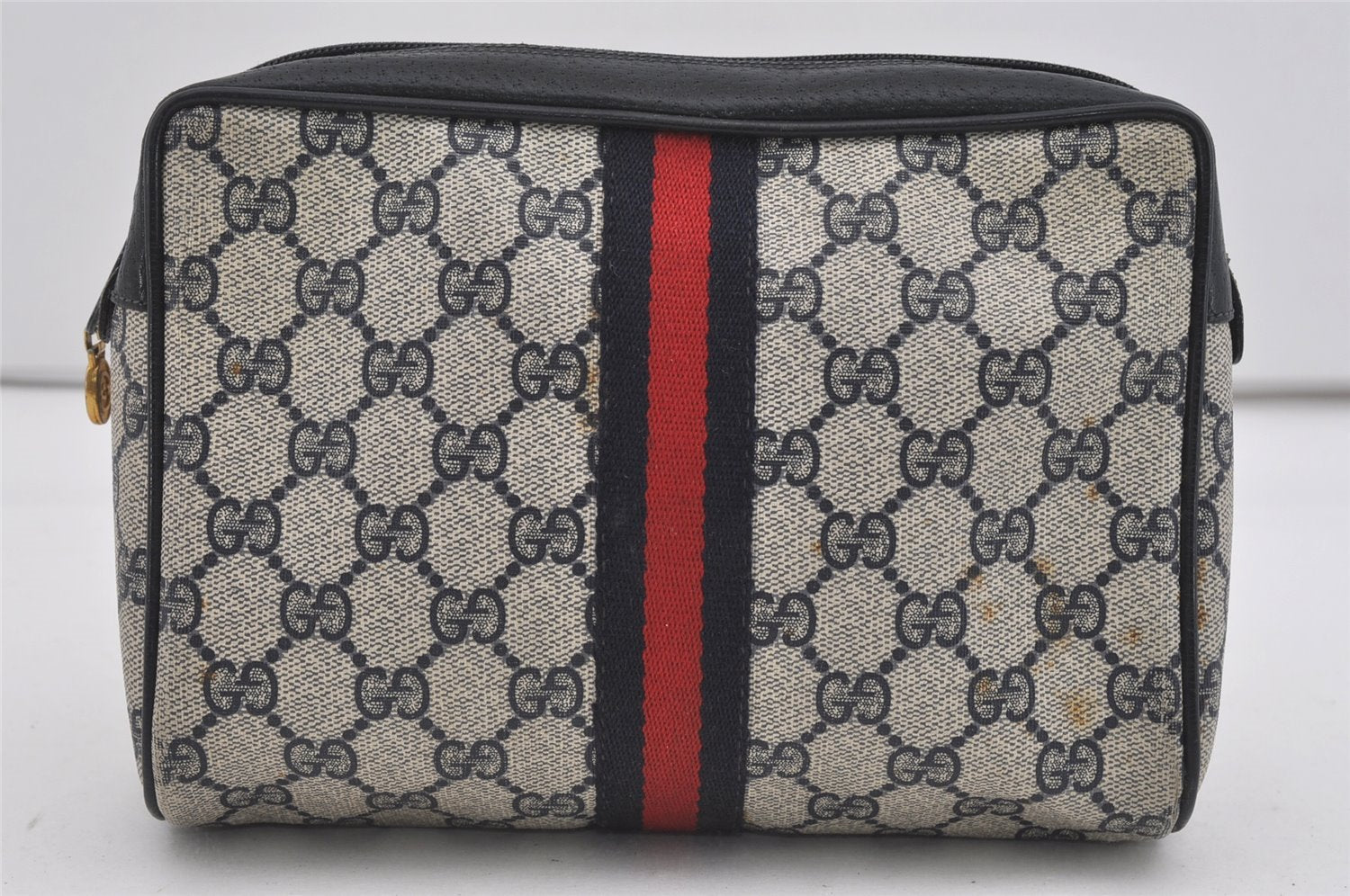 Authentic GUCCI Sherry Line Clutch Hand Bag Purse GG PVC Leather Navy Blue 2613I