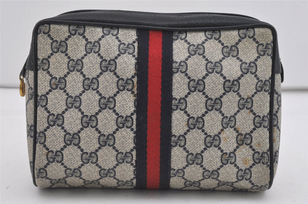Authentic GUCCI Sherry Line Clutch Hand Bag Purse GG PVC Leather Navy Blue 2613I