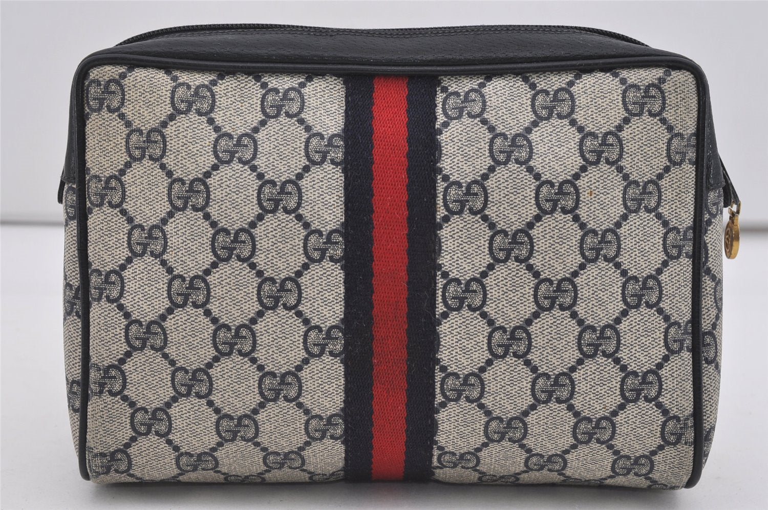 Authentic GUCCI Sherry Line Clutch Hand Bag Purse GG PVC Leather Navy Blue 2613I