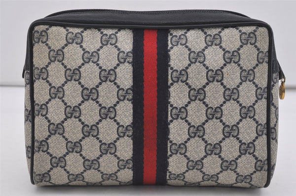Authentic GUCCI Sherry Line Clutch Hand Bag Purse GG PVC Leather Navy Blue 2613I