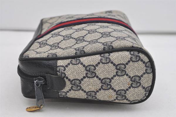 Authentic GUCCI Sherry Line Clutch Hand Bag Purse GG PVC Leather Navy Blue 2613I
