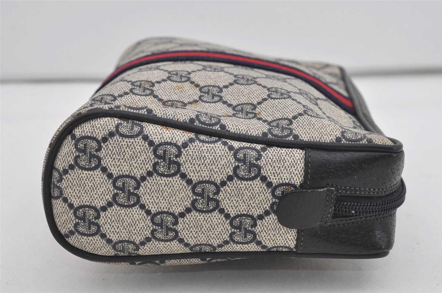 Authentic GUCCI Sherry Line Clutch Hand Bag Purse GG PVC Leather Navy Blue 2613I