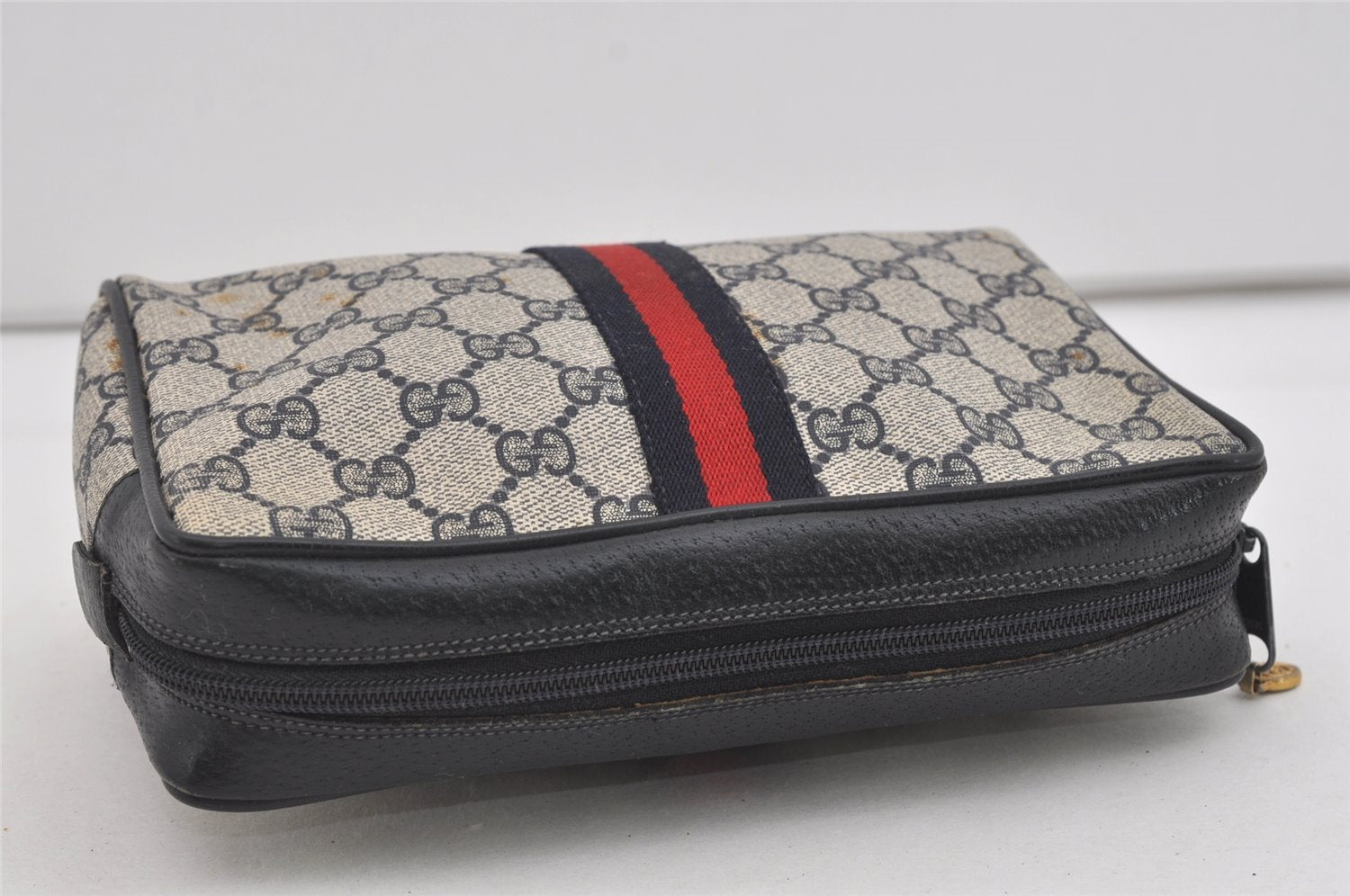 Authentic GUCCI Sherry Line Clutch Hand Bag Purse GG PVC Leather Navy Blue 2613I