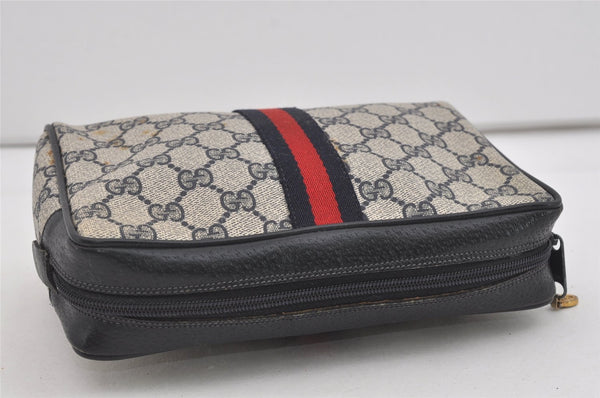 Authentic GUCCI Sherry Line Clutch Hand Bag Purse GG PVC Leather Navy Blue 2613I