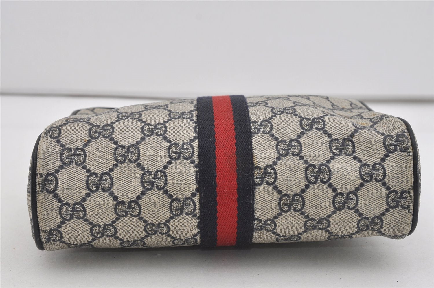 Authentic GUCCI Sherry Line Clutch Hand Bag Purse GG PVC Leather Navy Blue 2613I