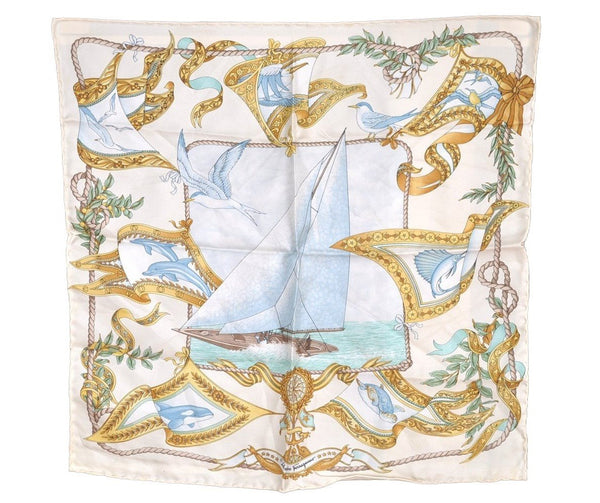 Authentic Salvatore Ferragamo Scarf Handkerchief Yacht Motif Silk White SF 2614I