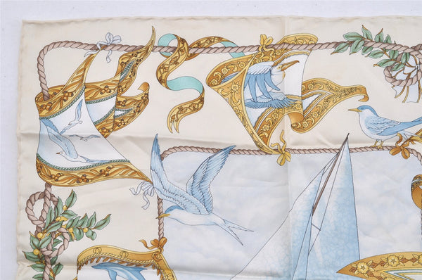 Authentic Salvatore Ferragamo Scarf Handkerchief Yacht Motif Silk White SF 2614I