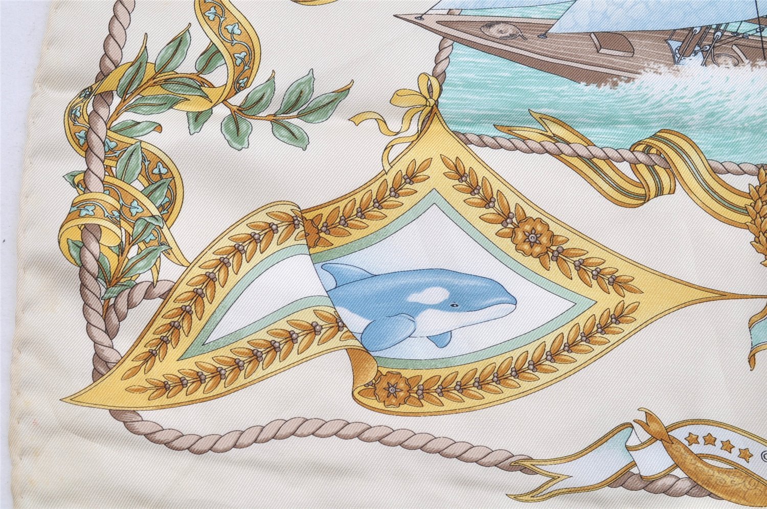 Authentic Salvatore Ferragamo Scarf Handkerchief Yacht Motif Silk White SF 2614I