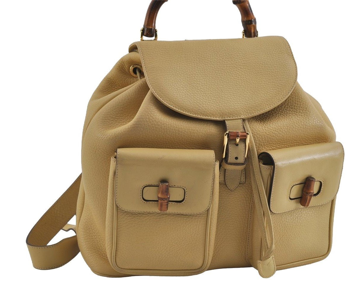 Authentic GUCCI Bamboo Vintage Backpack Leather Yellow Cream 2619I