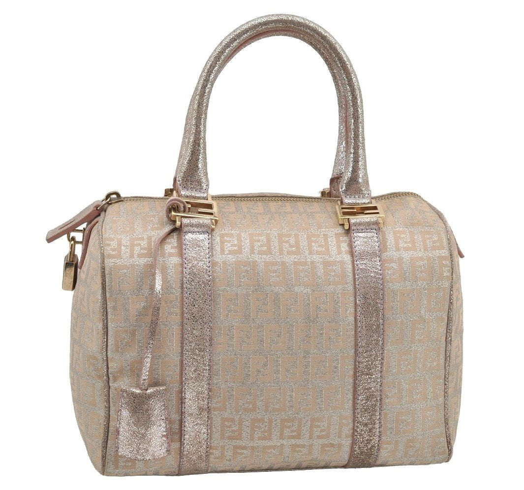 Authentic FENDI Zucchino Hand Bag Purse Canvas Leather Silver Beige 2624I