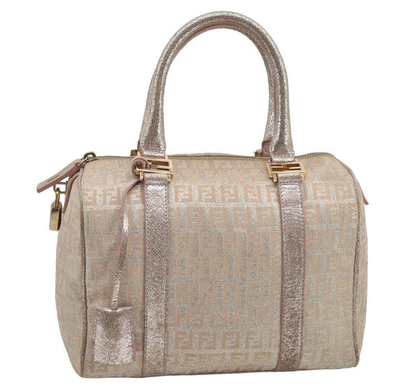 Authentic FENDI Zucchino Hand Bag Purse Canvas Leather Silver Beige 2624I