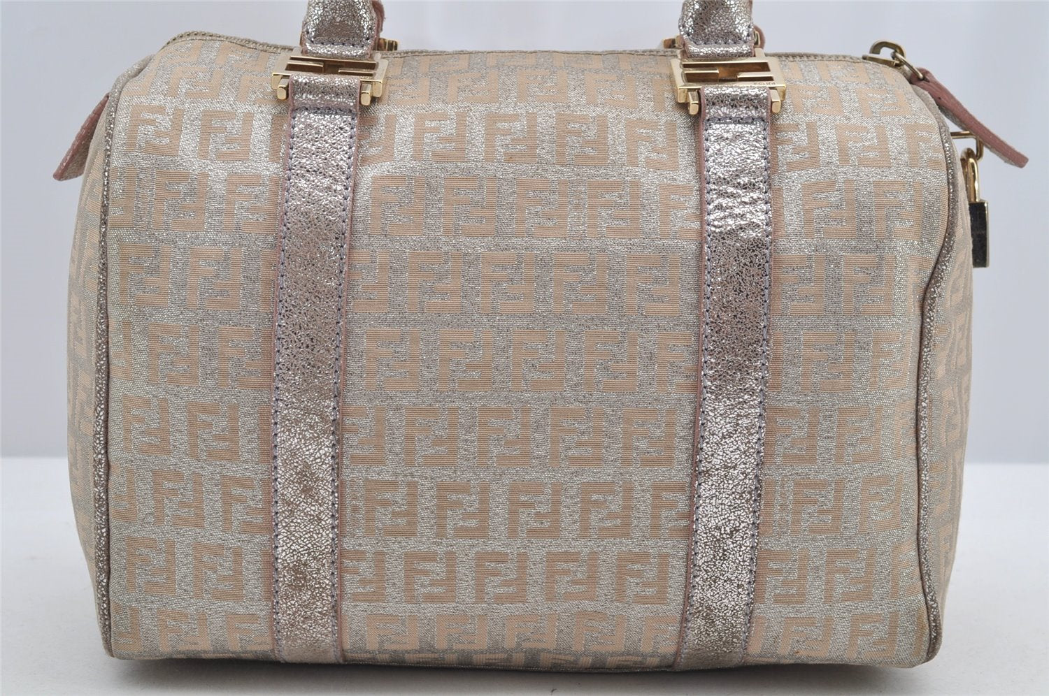 Authentic FENDI Zucchino Hand Bag Purse Canvas Leather Silver Beige 2624I