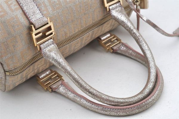Authentic FENDI Zucchino Hand Bag Purse Canvas Leather Silver Beige 2624I