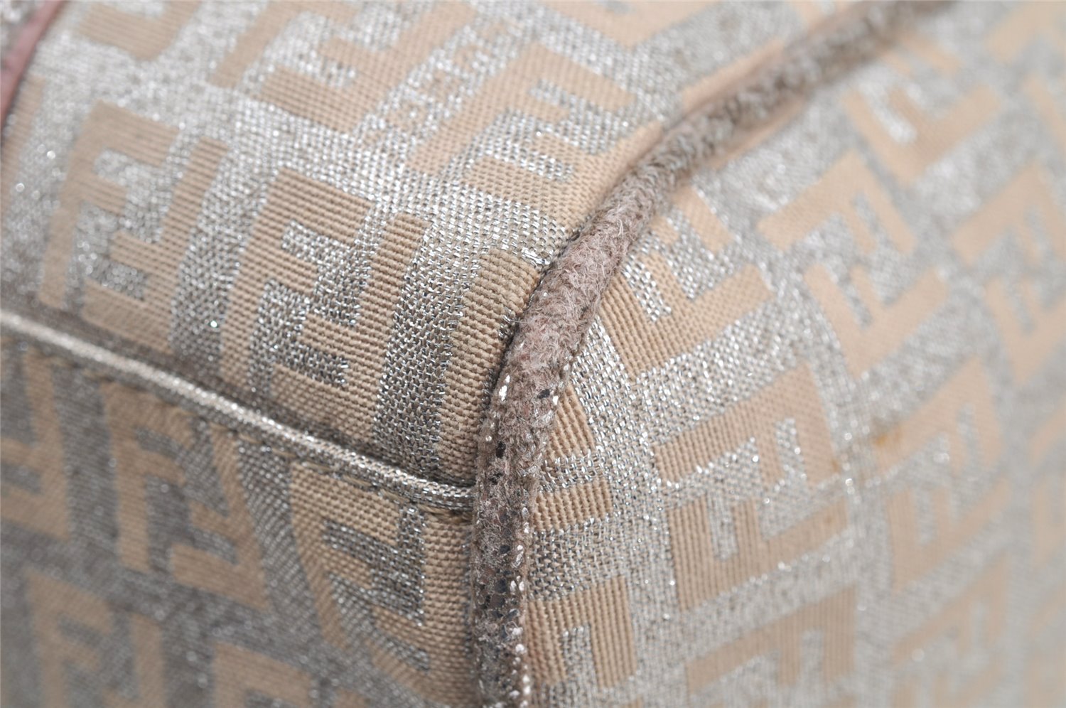 Authentic FENDI Zucchino Hand Bag Purse Canvas Leather Silver Beige 2624I