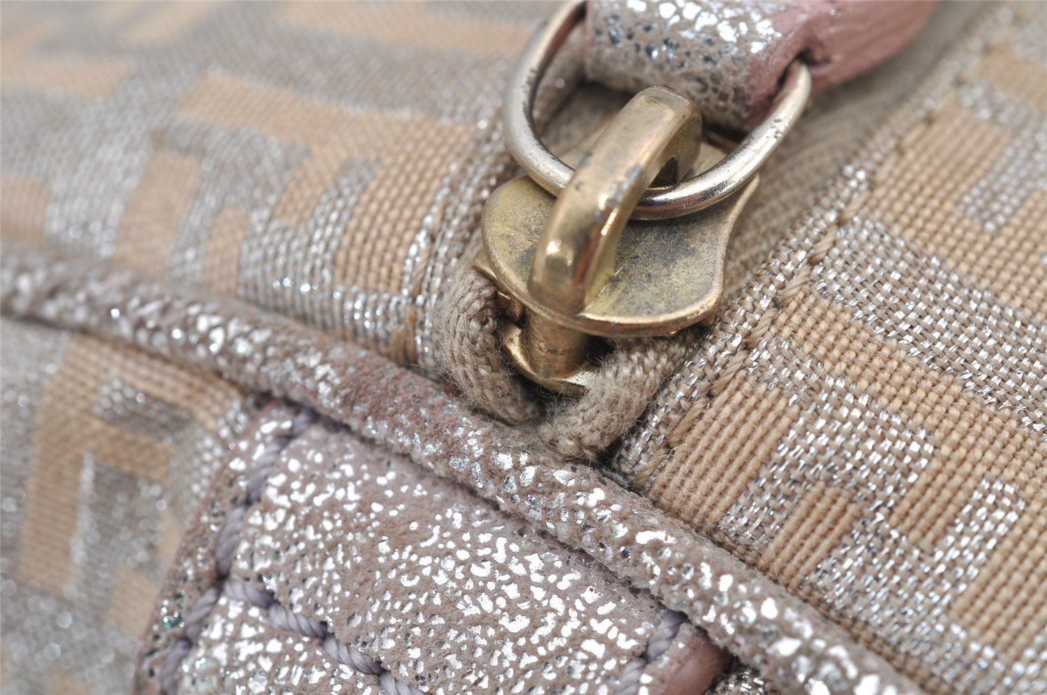 Authentic FENDI Zucchino Hand Bag Purse Canvas Leather Silver Beige 2624I