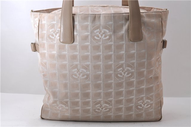 Authentic CHANEL New Travel Line Shoulder Tote Bag Nylon Leather Beige 2632D