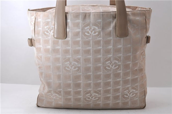 Authentic CHANEL New Travel Line Shoulder Tote Bag Nylon Leather Beige 2632D