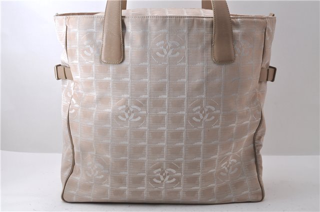 Authentic CHANEL New Travel Line Shoulder Tote Bag Nylon Leather Beige 2632D