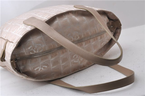 Authentic CHANEL New Travel Line Shoulder Tote Bag Nylon Leather Beige 2632D
