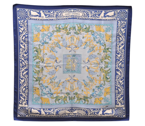 Authentic HERMES Carre 90 Scarf "EARLY AMERICA" Silk Blue 2635D