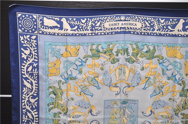 Authentic HERMES Carre 90 Scarf "EARLY AMERICA" Silk Blue 2635D