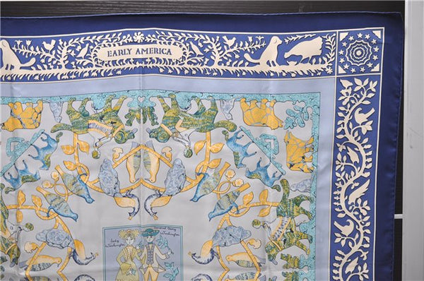 Authentic HERMES Carre 90 Scarf "EARLY AMERICA" Silk Blue 2635D