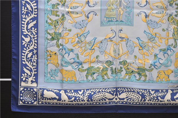 Authentic HERMES Carre 90 Scarf "EARLY AMERICA" Silk Blue 2635D
