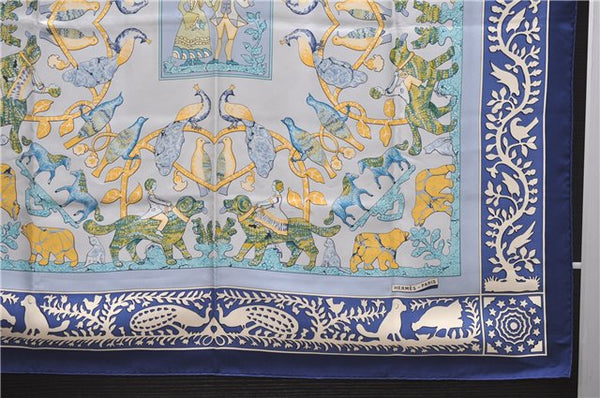 Authentic HERMES Carre 90 Scarf "EARLY AMERICA" Silk Blue 2635D